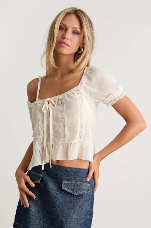 Bettine Cream Ruffled Slightly Sheer Short Sleeve Top made by Lulus