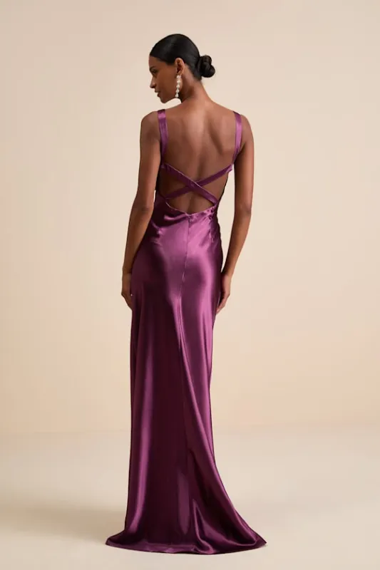 Perfectly Classy Plum Purple Satin Strappy Maxi Dress sold by Lulus