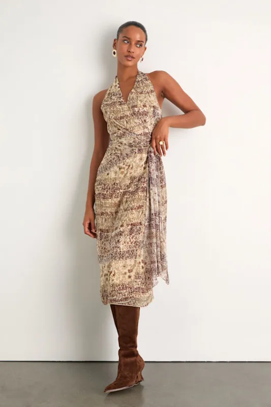 Francine Beige Multi Boho Print Halter Midi Dress sold by Lulus