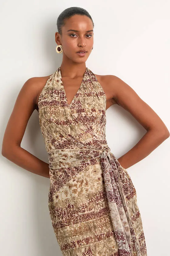 Francine Beige Multi Boho Print Halter Midi Dress sold by Lulus product image thumbnail 2