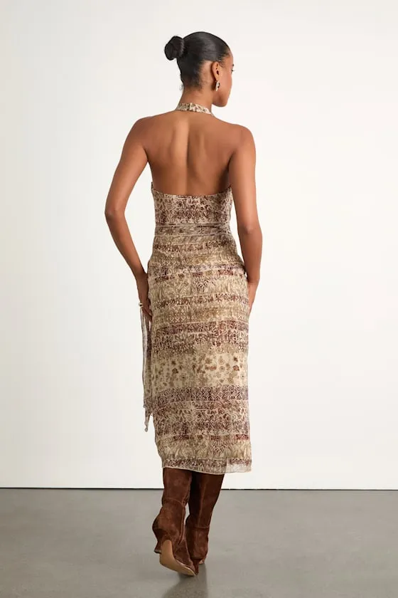 Francine Beige Multi Boho Print Halter Midi Dress sold by Lulus product image thumbnail 3