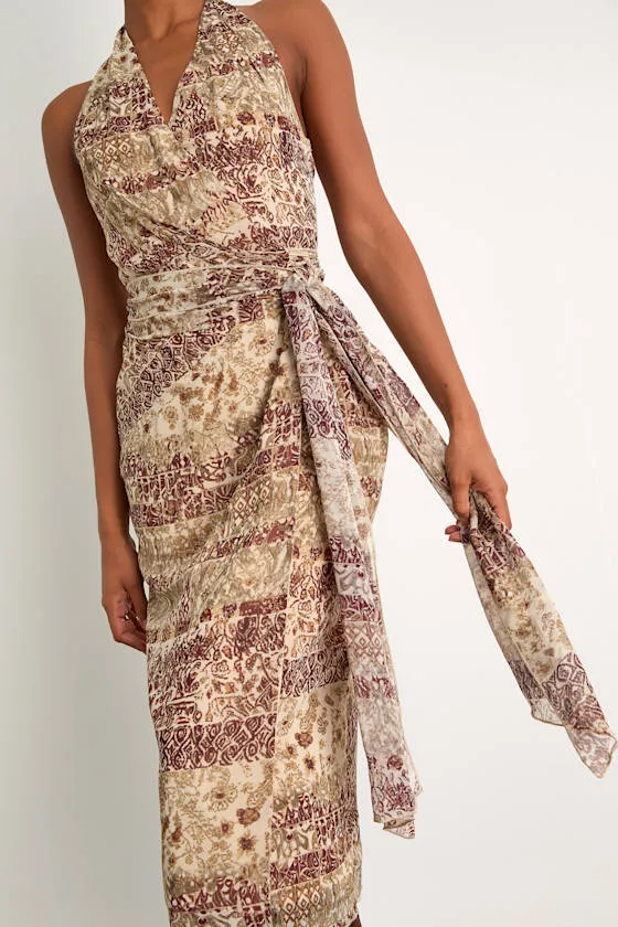 Francine Beige Multi Boho Print Halter Midi Dress sold by Lulus product image thumbnail 4