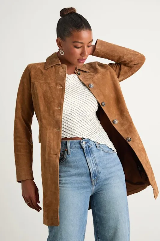 Vessa Brown Suede Collared Trench Coat sold by Lulus