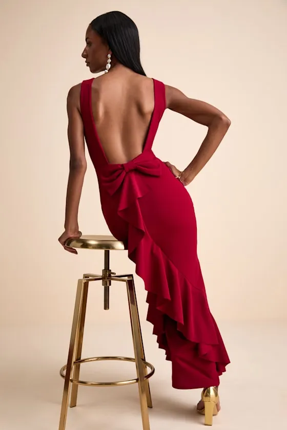 Exquisite Refinement Red Backless Bow Ruffled Maxi Dress sold by Lulus