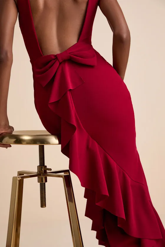 Exquisite Refinement Red Backless Bow Ruffled Maxi Dress sold by Lulus product image thumbnail 3
