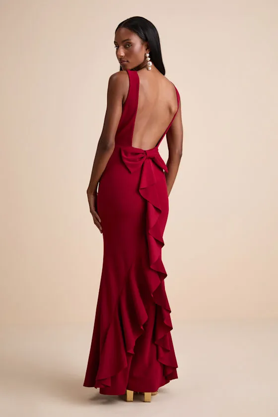 Exquisite Refinement Red Backless Bow Ruffled Maxi Dress sold by Lulus product image thumbnail 4