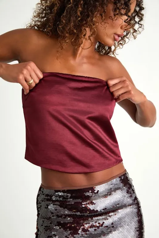 Devine Burgundy Satin Strapless Crop Top sold by Lulus
