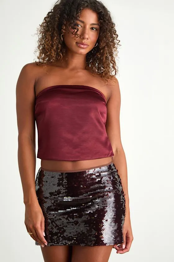 Devine Burgundy Satin Strapless Crop Top sold by Lulus product image thumbnail 2