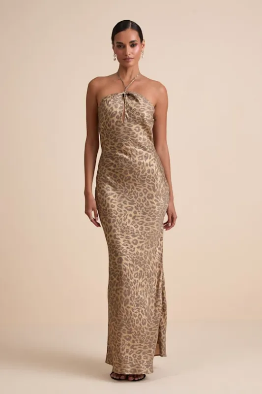 Axelle Gold Leopard Print Satin Cutout Halter Maxi Dress sold by Lulus