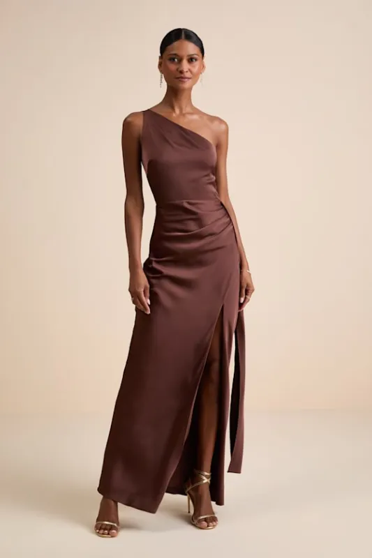 Signature Elegance Chocolate Brown Satin One-Shoulder Maxi Dress sold by Lulus