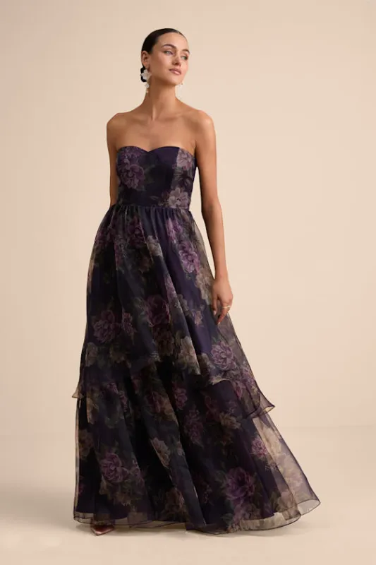 Truly Extraordinary Purple Floral Organza Strapless Maxi Dress sold by Lulus