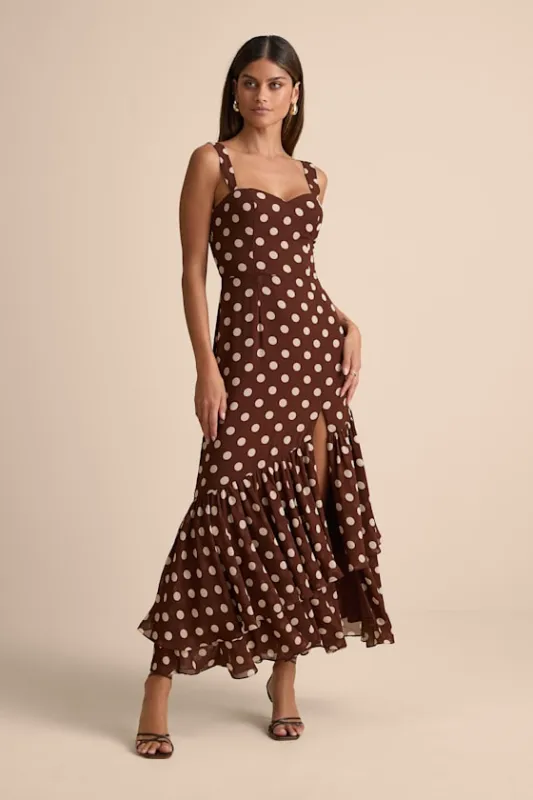 Raynelle Brown Polka Dot Lace-Up Tiered Maxi Dress sold by Lulus