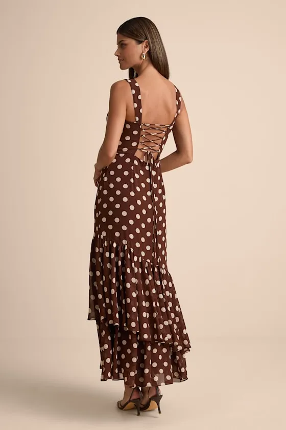 Raynelle Brown Polka Dot Lace-Up Tiered Maxi Dress sold by Lulus product image thumbnail 3