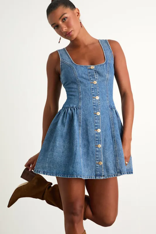 Prinsley Medium Wash Denim Button-Front Mini Dress sold by Lulus