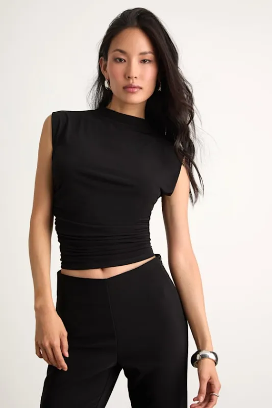 Avaina Black Slinky Knit Ruched Mock Neck Sleeveless Top sold by Lulus