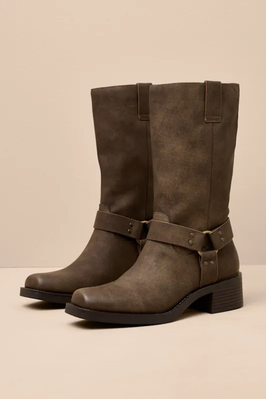 Autumn Coffee Distressed Mid-Calf Moto Boots sold by Lulus