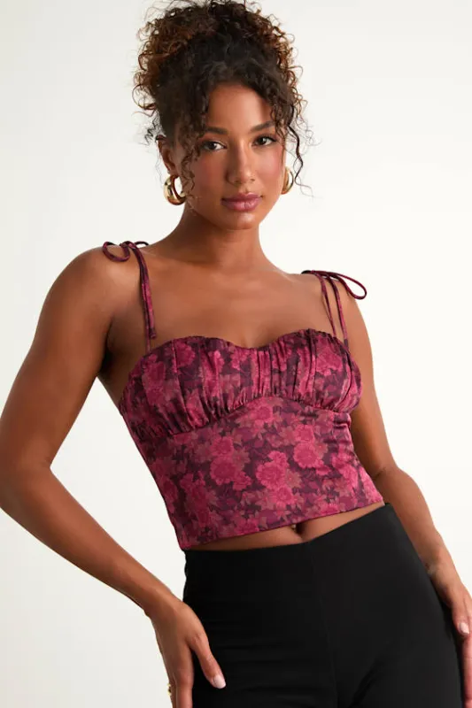 Raissa Burgundy Floral Satin Tie-Strap Crop Top sold by Lulus
