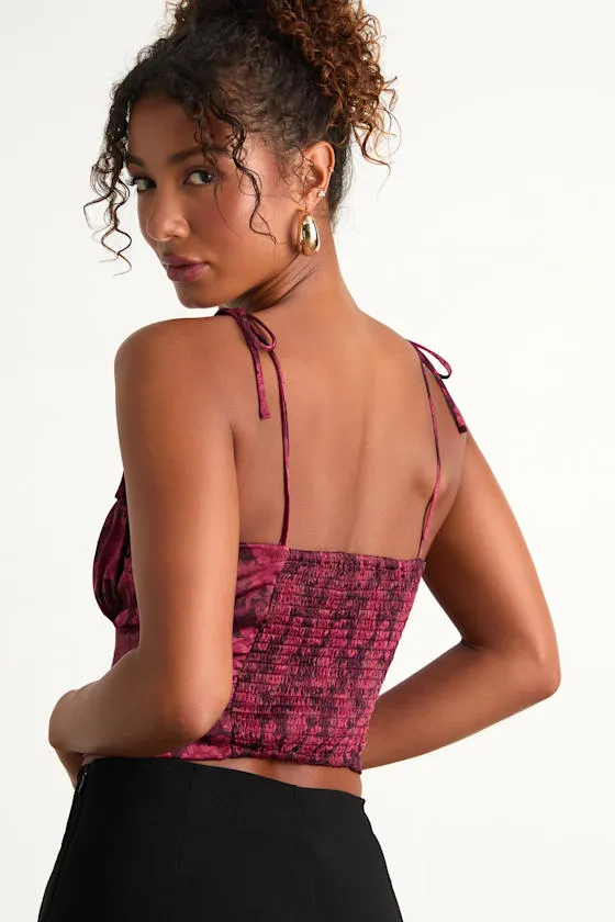 Raissa Burgundy Floral Satin Tie-Strap Crop Top sold by Lulus product image thumbnail 3