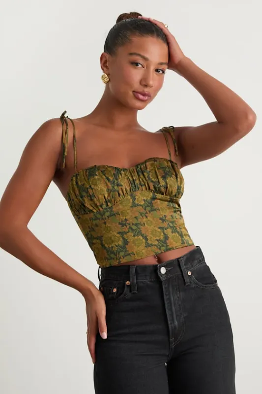 Raissa Olive Green Floral Satin Tie-Strap Crop Top sold by Lulus