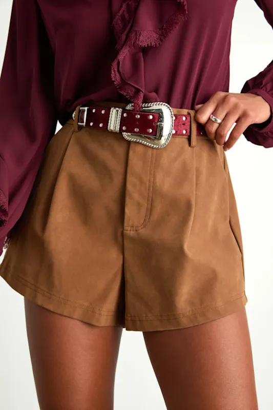 Metis Dark Red Faux Fur Studded Belt sold by Lulus