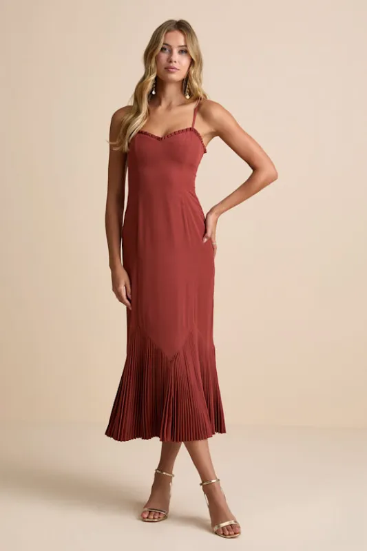 Channa Rust Red Pleated Hem Midi Dress sold by Lulus