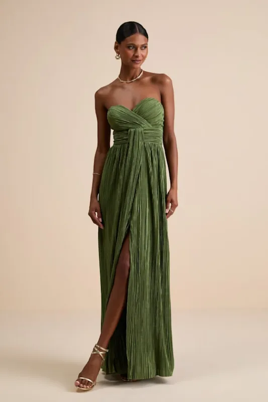 Oswin Olive Green Satin Plisse Strapless Maxi Dress sold by Lulus