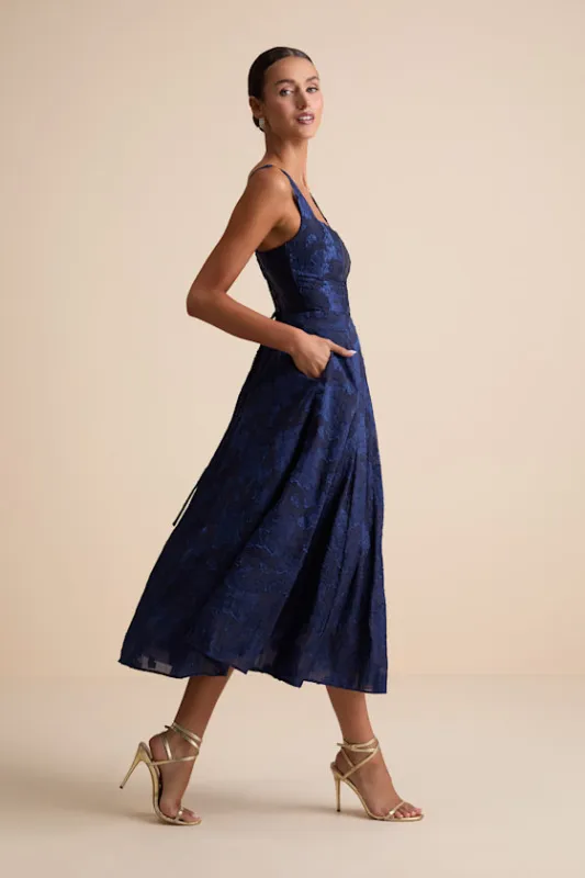 Loira Navy Burnout Jacquard Lace-Up Midi Dress sold by Lulus