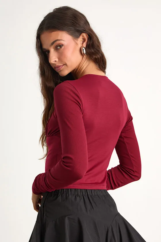 Bloom Heart Wine Red Gathered Long Sleeve Top sold by Lulus product image thumbnail 2