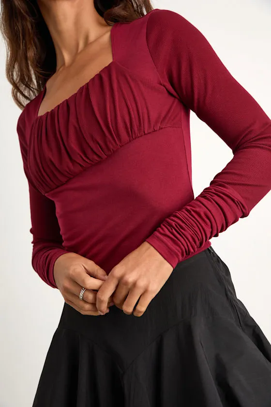 Bloom Heart Wine Red Gathered Long Sleeve Top sold by Lulus product image thumbnail 4