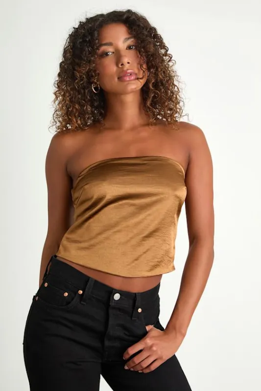 Devine Bronze Satin Strapless Crop Top sold by Lulus