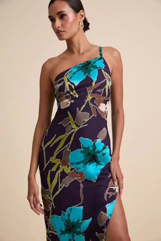 Elzina Plum Floral Satin Asymmetrical Midi Dress sold by Lulus