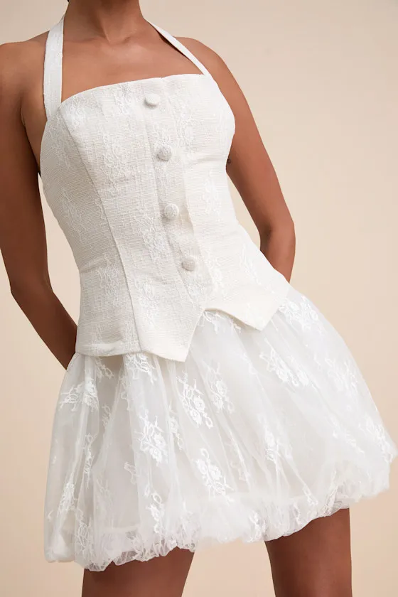 Ottoline Ivory Mixed-Media Bubble-Hem Halter Mini Dress sold by Lulus product image thumbnail 2