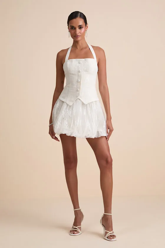 Ottoline Ivory Mixed-Media Bubble-Hem Halter Mini Dress sold by Lulus product image thumbnail 4