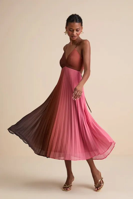 Belisse Rust Ombre Pleated Lace-Up Midi Dress sold by Lulus