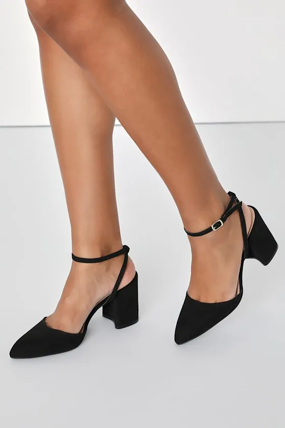Marikoy Black Suede Pointed-Toe Ankle Strap Heels sold by Lulus