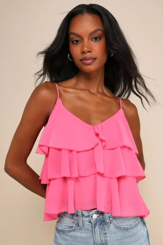 Tier Me Out Hot Pink Chiffon Tiered Ruffled V-Neck Cami Top sold by Lulus