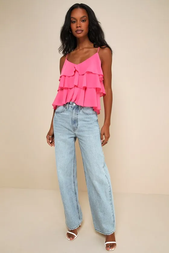 Tier Me Out Hot Pink Chiffon Tiered Ruffled V-Neck Cami Top sold by Lulus product image thumbnail 2