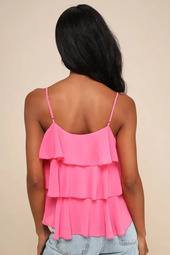 Tier Me Out Hot Pink Chiffon Tiered Ruffled V-Neck Cami Top sold by Lulus product image thumbnail 3