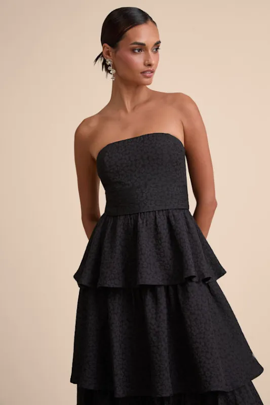Truly Marvelous Black Jacquard Strapless Tiered Midi Dress sold by Lulus