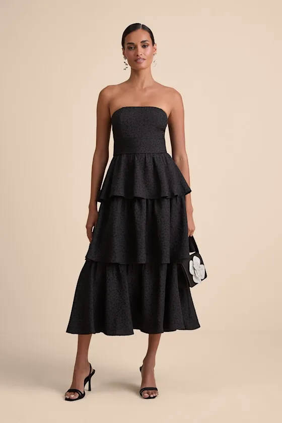Truly Marvelous Black Jacquard Strapless Tiered Midi Dress sold by Lulus product image thumbnail 2