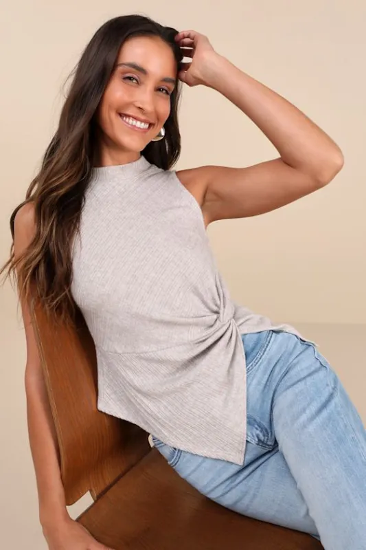 Trendy Minimalist Light Heather Grey Ribbed Knotted Tank Top sold by Lulus