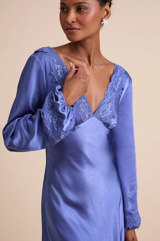 Illustrious Elegance Periwinkle Satin Long Sleeve Midi Dress sold by Lulus