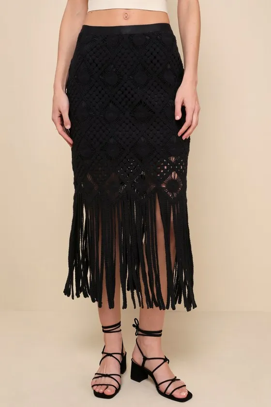 Enviable Summer Black Crochet Fringe Midi Skirt sold by Lulus product image thumbnail 2