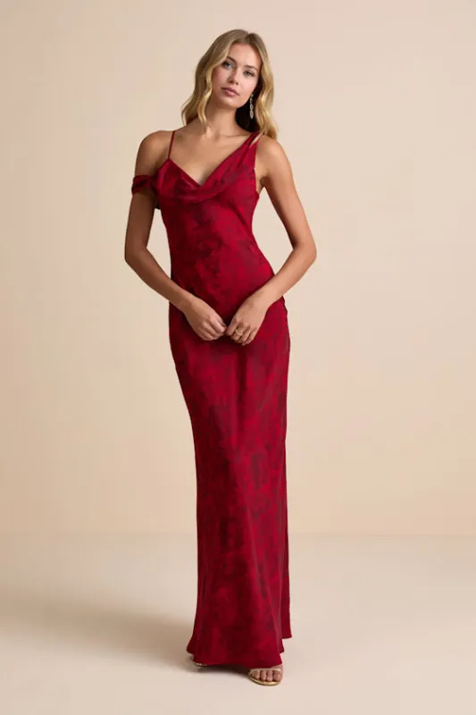 Minnie Red Satin Jacquard Asymmetrical Maxi Dress sold by Lulus