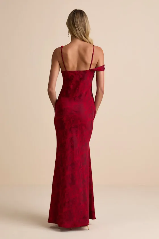 Minnie Red Satin Jacquard Asymmetrical Maxi Dress sold by Lulus product image thumbnail 3