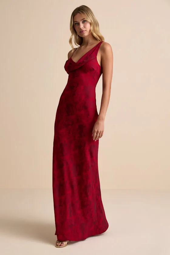 Minnie Red Satin Jacquard Asymmetrical Maxi Dress sold by Lulus product image thumbnail 4