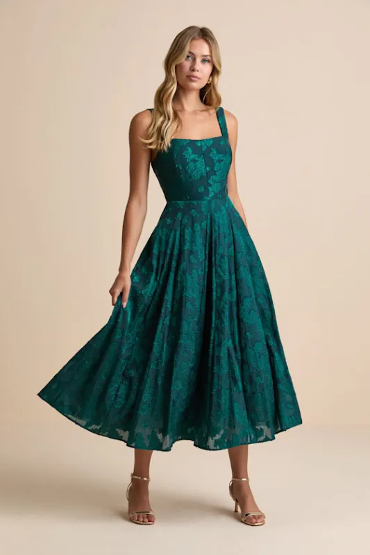 Loira Emerald Burnout Jacquard Lace-Up Midi Dress sold by Lulus