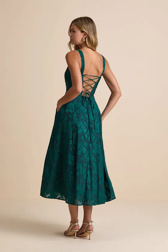 Loira Emerald Burnout Jacquard Lace-Up Midi Dress sold by Lulus product image thumbnail 3
