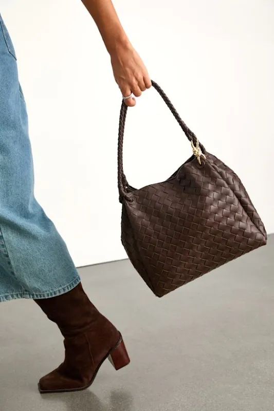 Leni Chocolate Brown Woven Shoulder Bag sold by Lulus