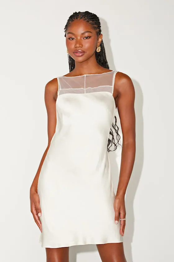 Ilhanna Ivory Satin Boat Neck Shift Mini Dress sold by Lulus